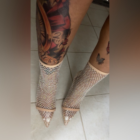 Femi Florence Stretch Mesh Rhinestone Sparkle Bootie Heels in Tan Nude Size 11 - Picture 4 of 17